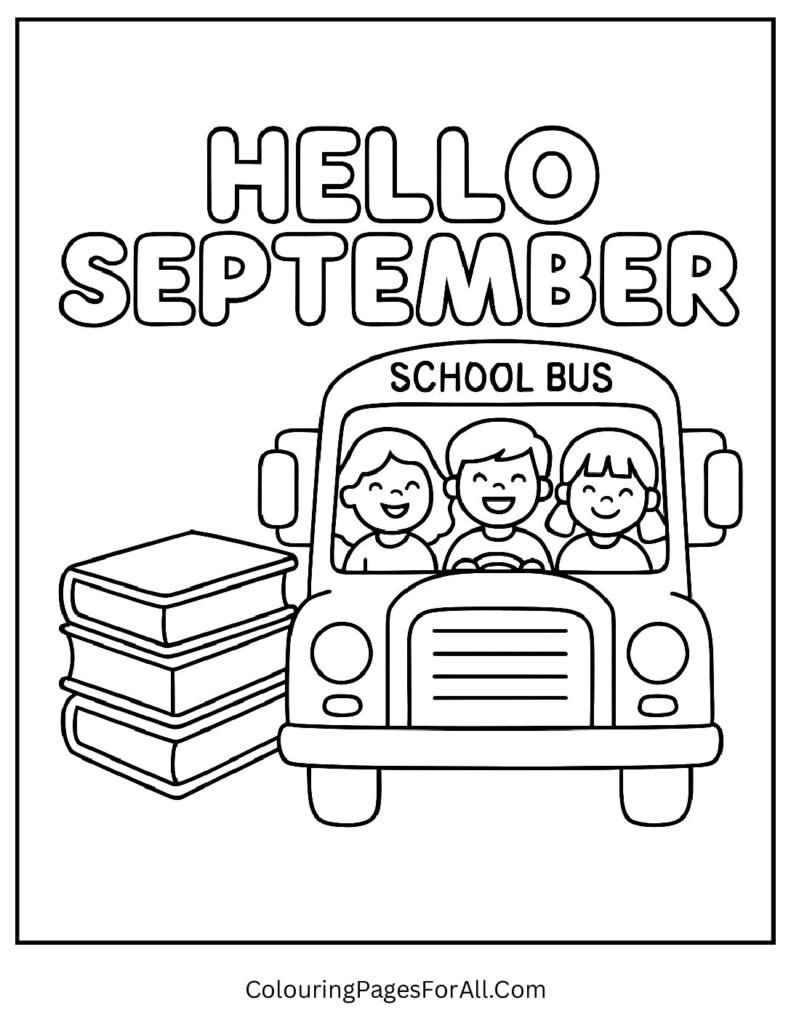 Kids with backpacks near a school bus and chalkboard showing Hello September