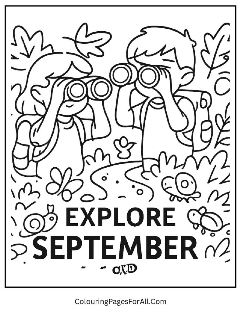 Kids with binoculars exploring forest trail with Explore September board