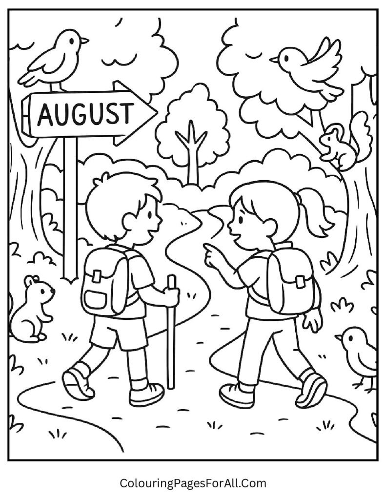 Nature trail coloring page with kids hiking, squirrels, trees and August trail sign (1)
