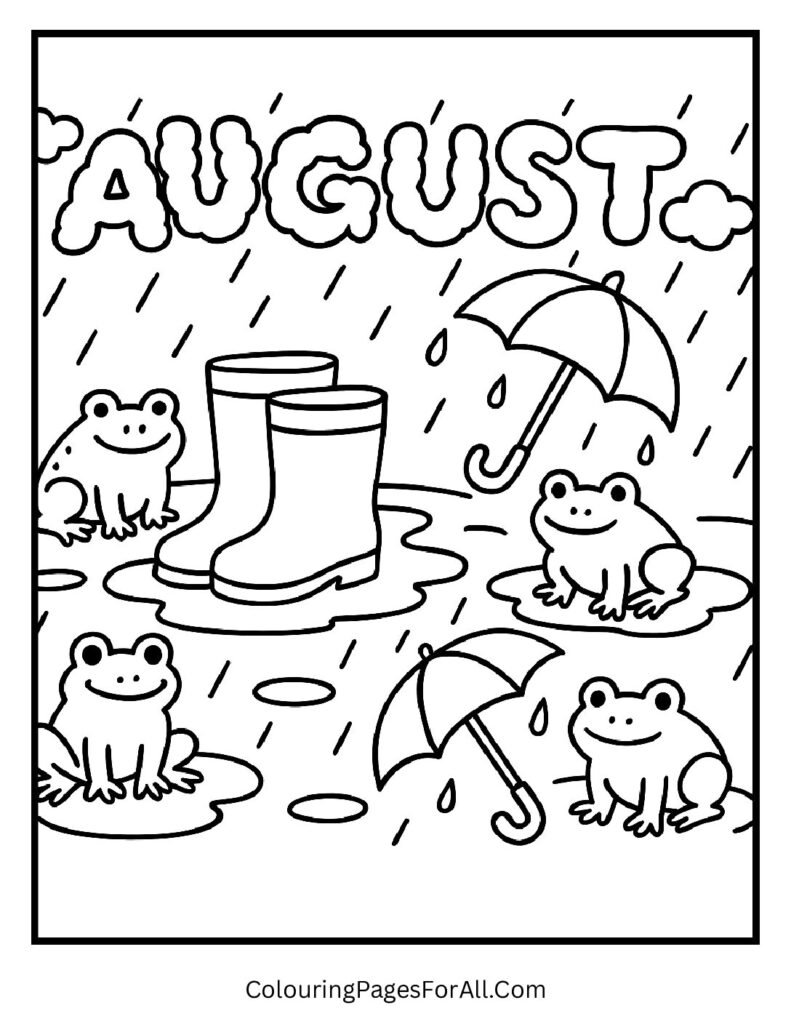 Rainy August day coloring page with puddles, kids in boots, umbrellas and frogs