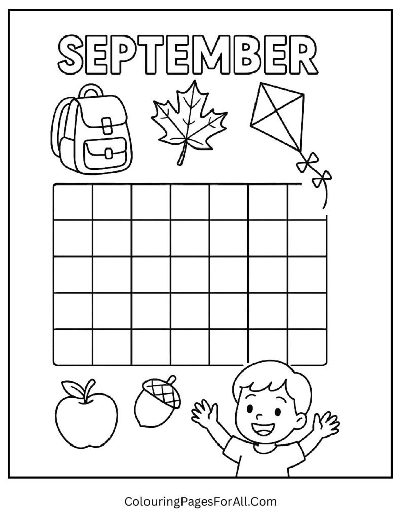 Simple September calendar with school icons, smiley faces, and bold month heading