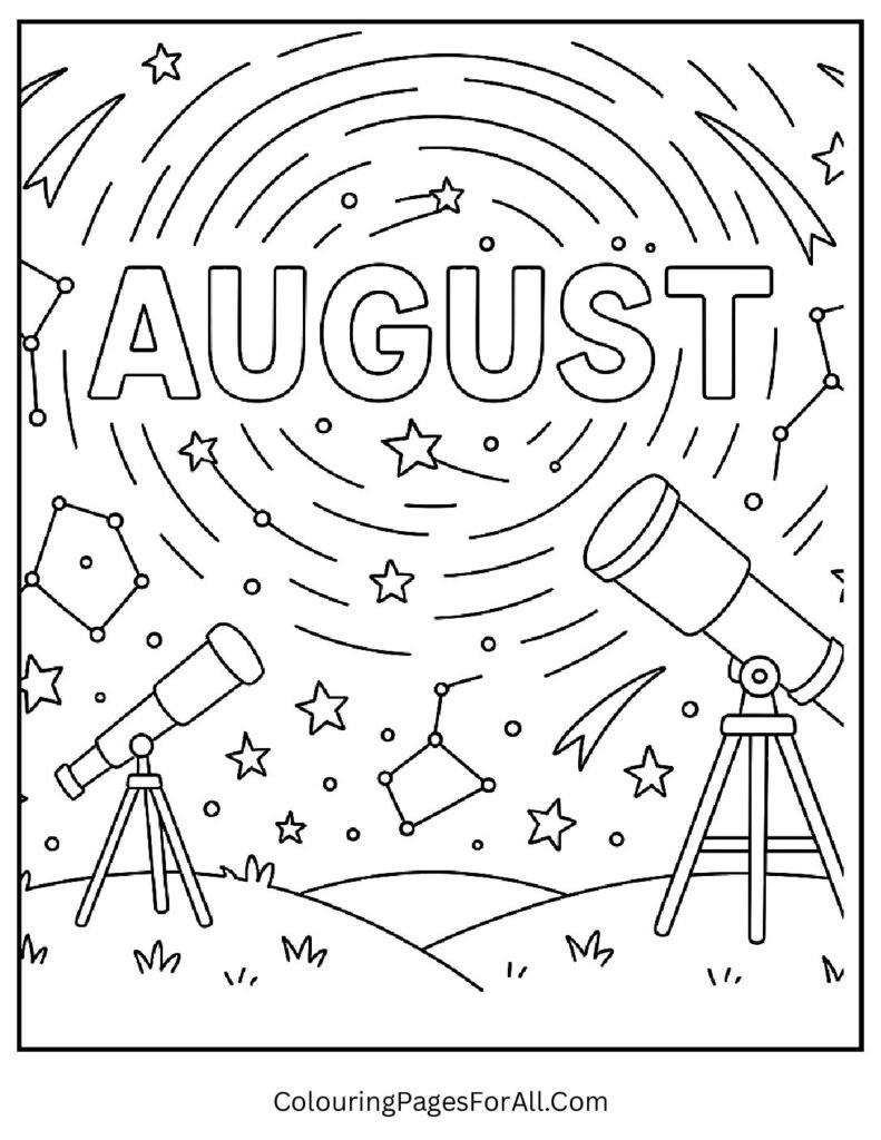 Starry August night sky coloring page with telescope, constellations and stars