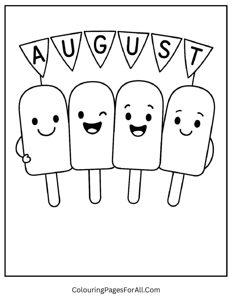 Summer popsicle parade coloring page with cute ice pops carrying August flags