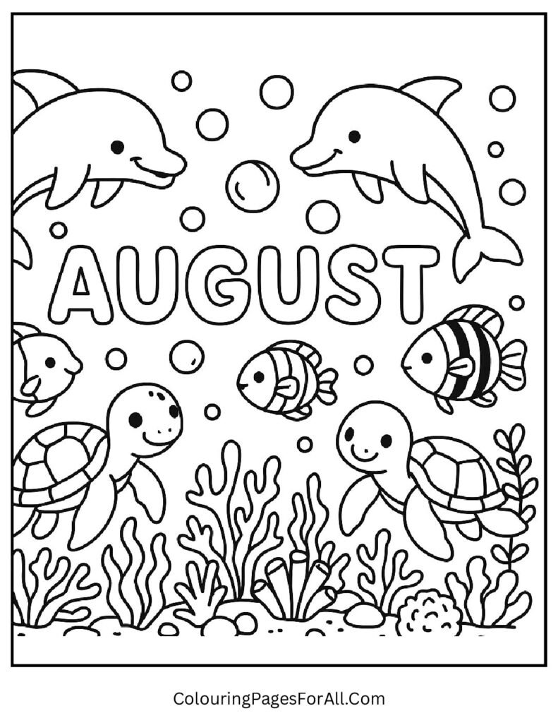 Under the sea coloring page with dolphins, fish, coral reefs and August bubbles